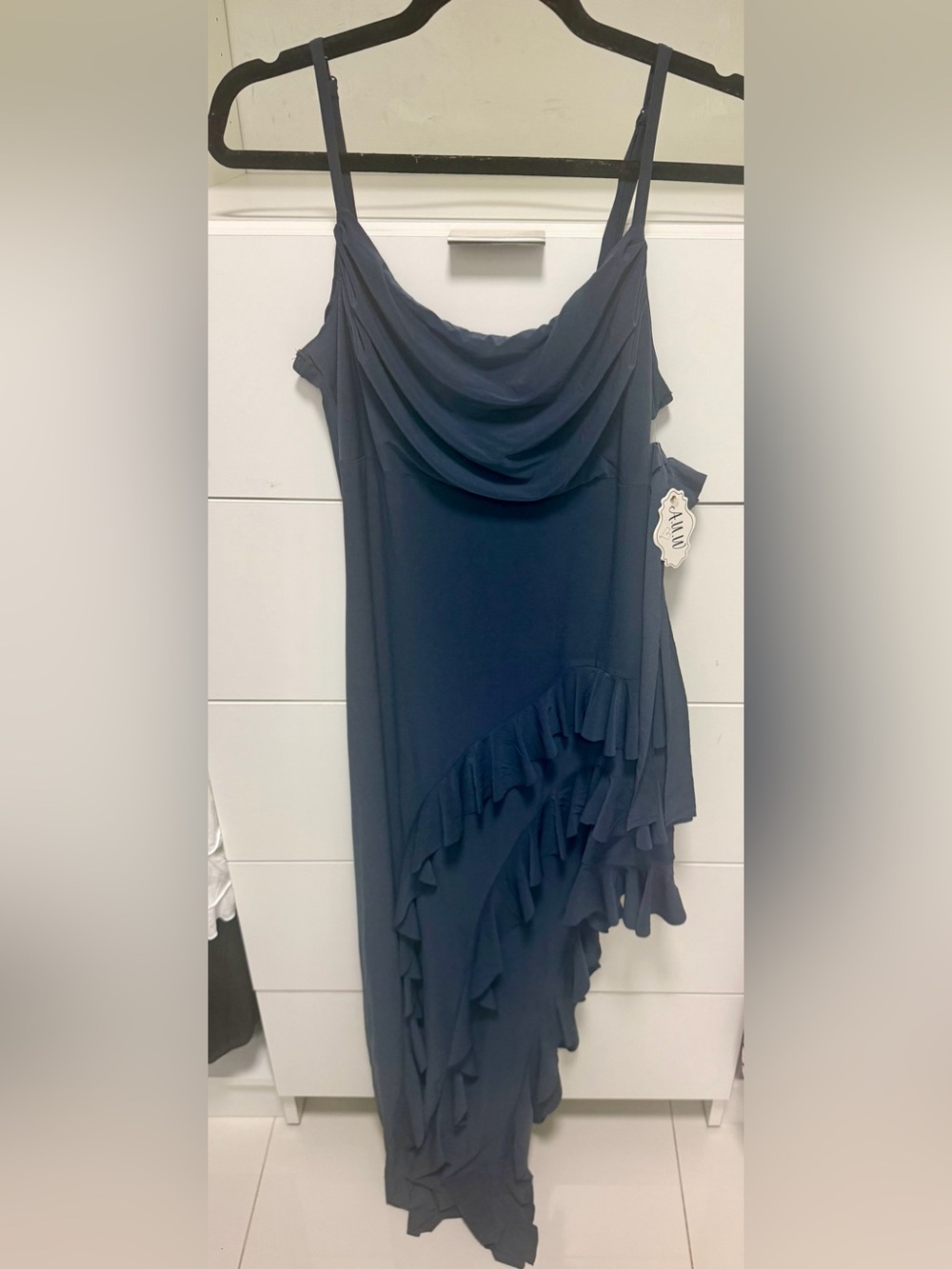 Elegant Navy Ruffle Draped Women’s Dress